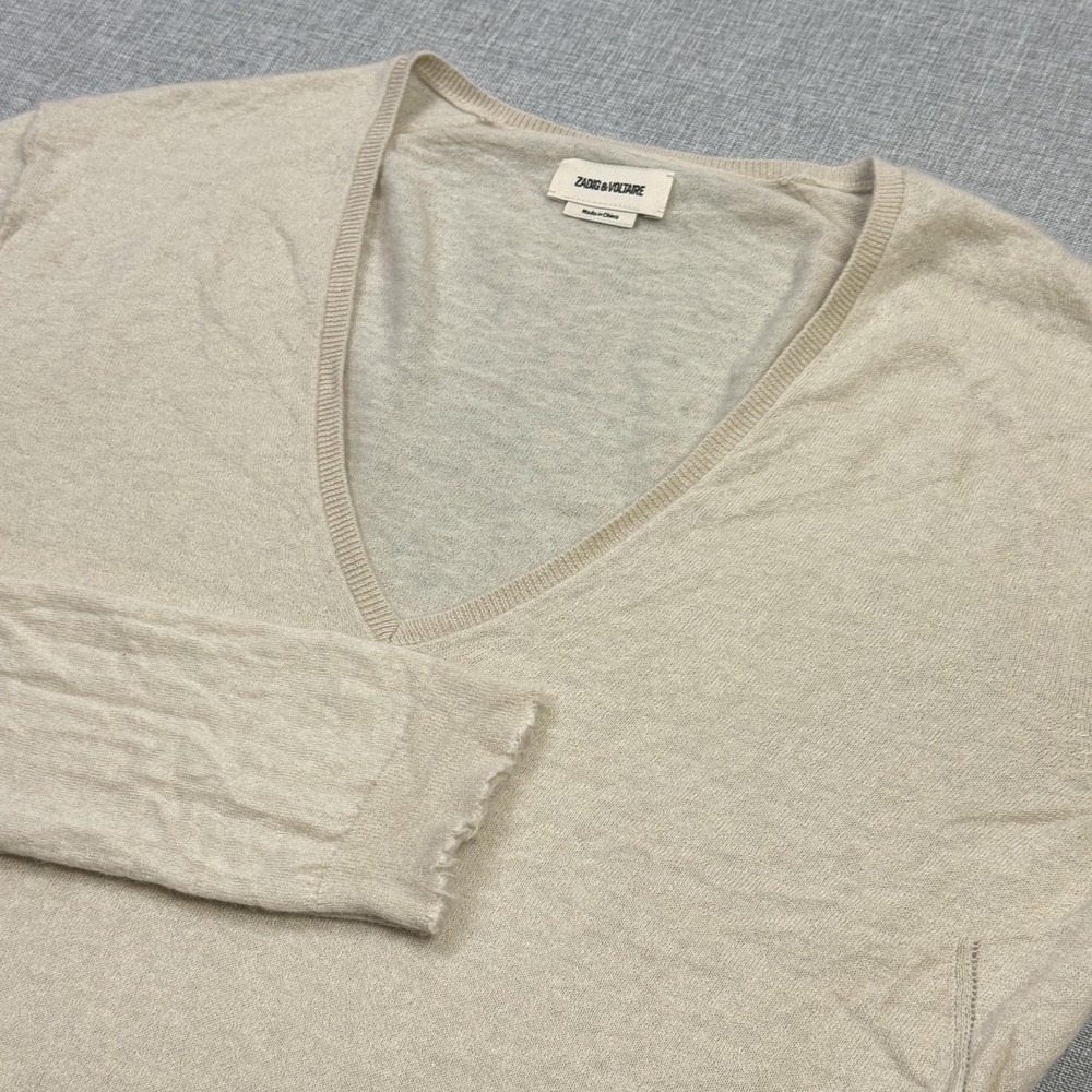 Zadig‎ & Voltaire Cashmere Sweater Womens Large Beige V-Neck Lightweight